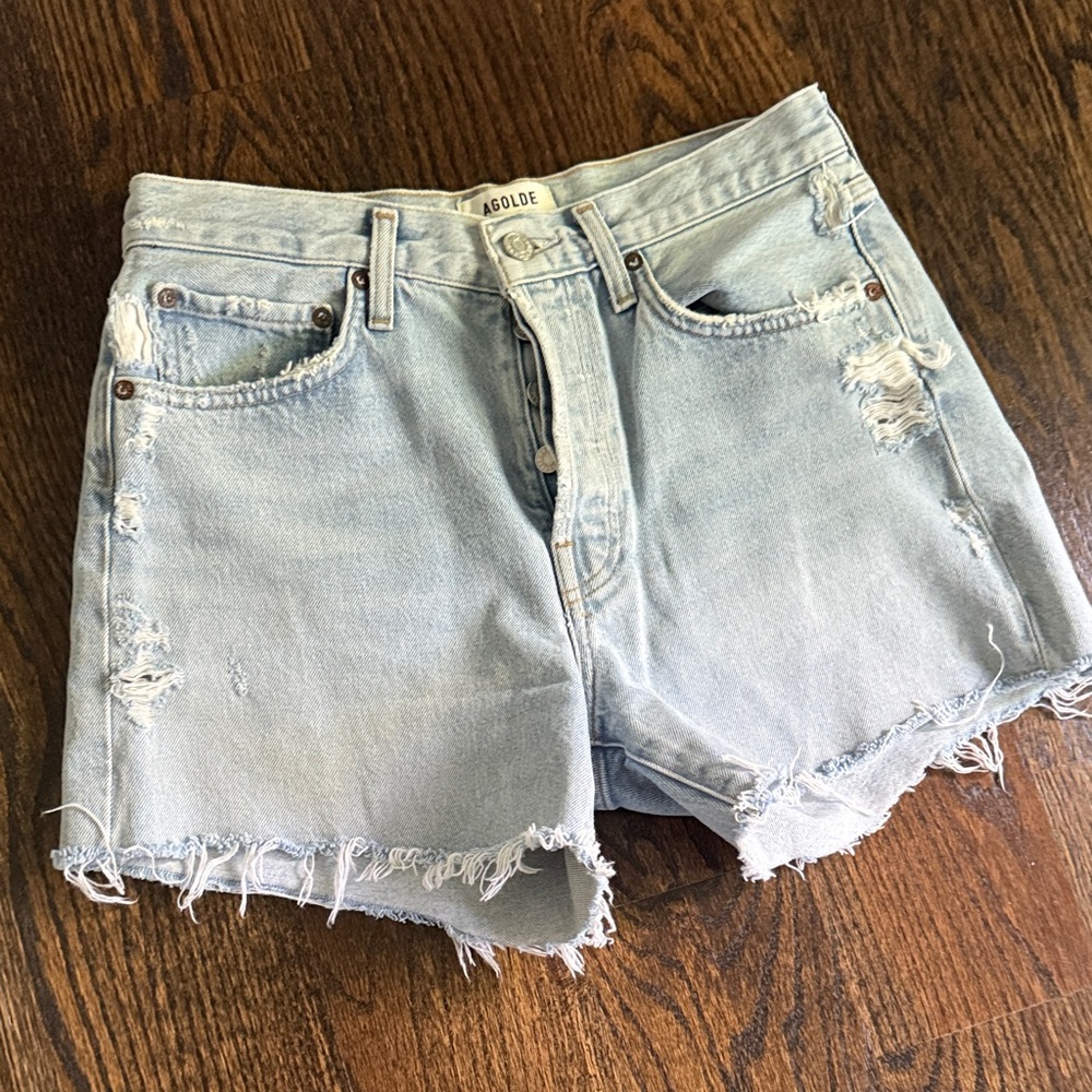 Agolde Light Blue Frayed Hem Jean Shorts